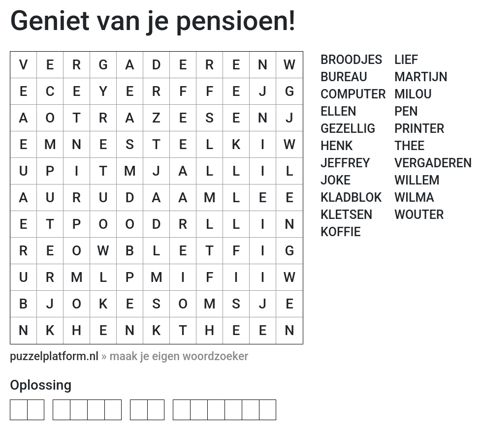 Woordzoeker maken voor afscheid van een collega