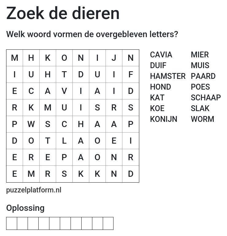 Woordzoeker maken met dieren