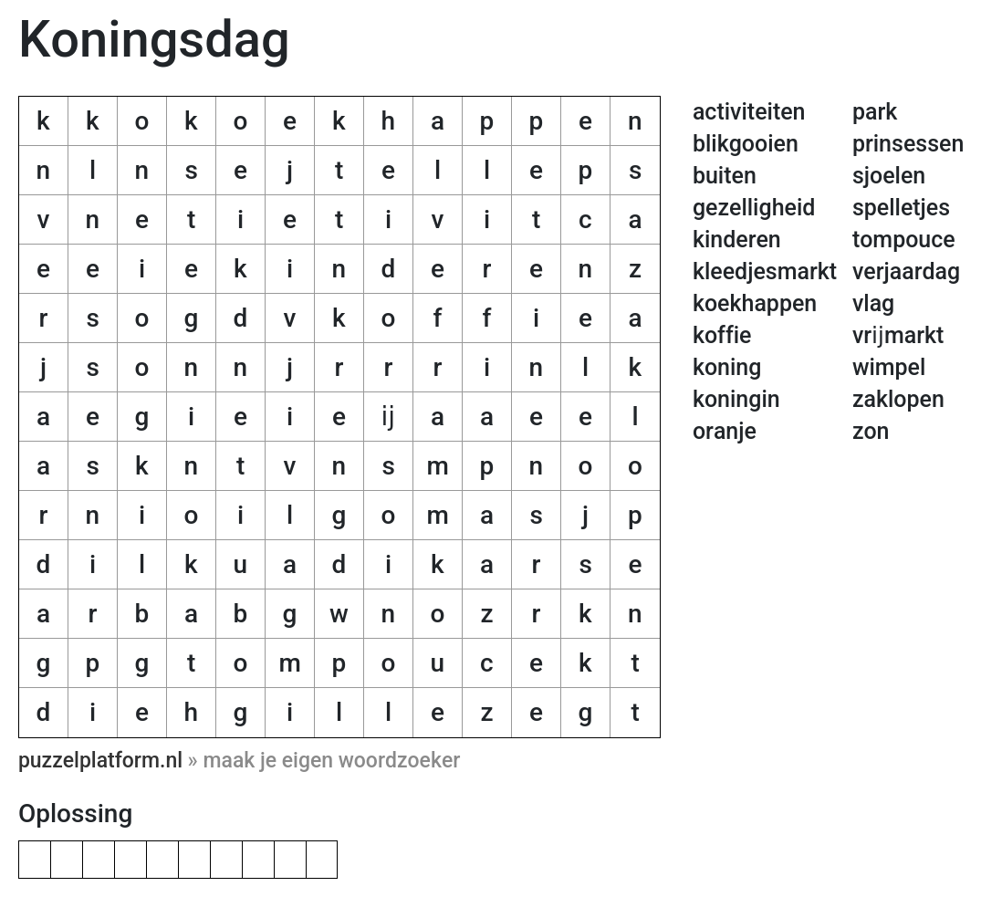 Woordzoeker maken voor koningsdag