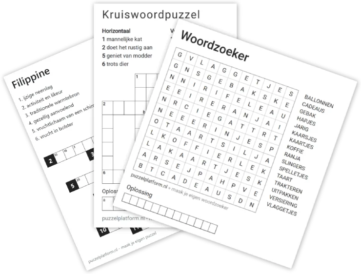 Voorbeelden van een woordzoeker, filippine en een kruiswoordpuzzel